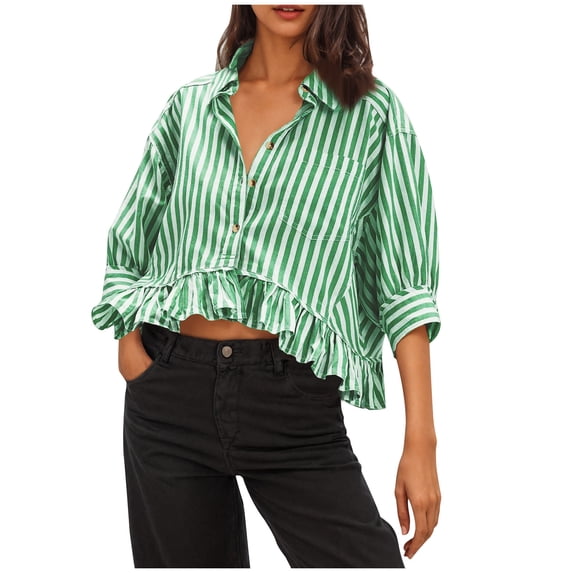 Womens Striped Ruffle Tops Button Down Shirt 3/4 Sleeve Cute Summer Crop Blouses Loose Fit Vacation Outfit (S, Green)