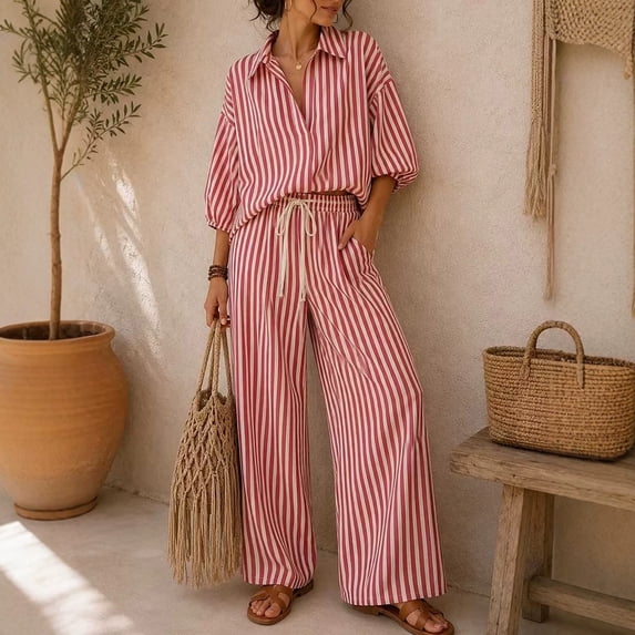 Womens Striped Set 2 Piece Outfits 3/4 Puff Sleeve V Neck Top and Drawstring High Waist Palazzo Pants, L