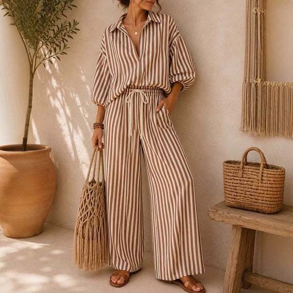 Womens Striped Set 2 Piece Outfits 3/4 Puff Sleeve V Neck Top and Drawstring High Waist Palazzo Pants, M