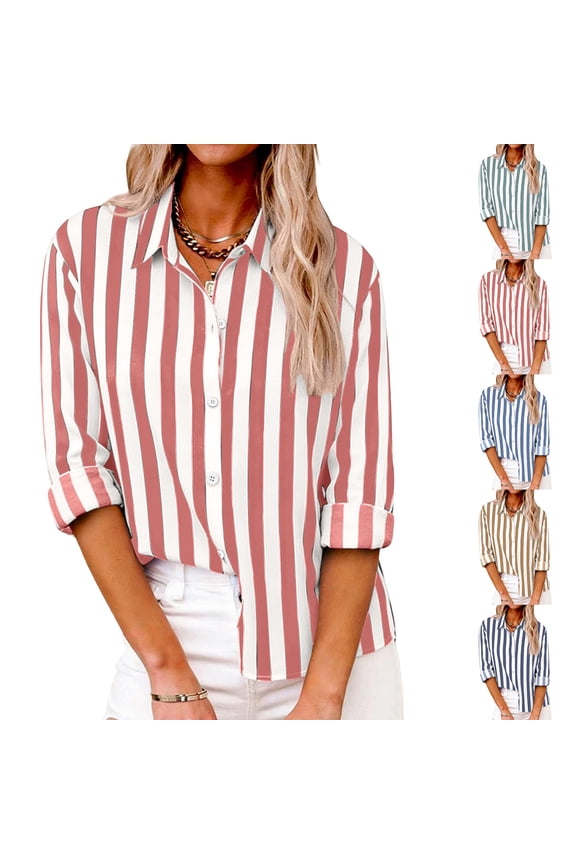 Womens Striped Shirts Casual Loose Office Work Wear Plus Size Lapel Button Down Long Sleeve Tunic Blouse (XL, Red)