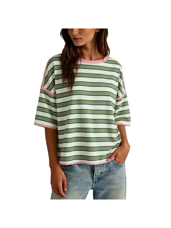 Womens Striped Shirts Casual Summer Tops Half Long Sleeve T-Shirts Crew Neck Loose Fitting Blouses for Women