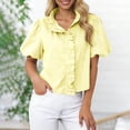 thumbnail image 1 of Womens Striped Shirts Short Puff Sleeve Button Down Tunic Tops 2026 Summer Ruffle Work Tops Stand Collar Trendy Loose Blouses Going Out Tops Business Casual Outfits Airport Travel Tees, 1 of 6