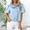 thumbnail image 1 of Womens Striped Shirts Short Puff Sleeve Button Down Tunic Tops 2026 Summer Ruffle Work Tops Stand Collar Trendy Loose Blouses Going Out Tops Business Casual Outfits Airport Travel Tees, 1 of 6