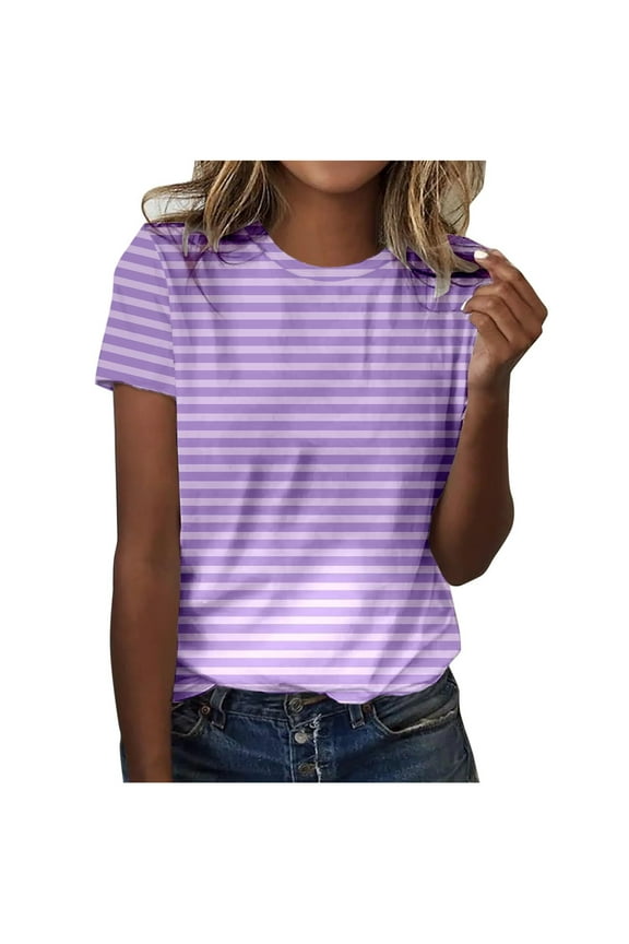 Womens Striped Shirts Short Sleeve Pullover Tops Casual Fashion Tees Crewneck Clothing Summer