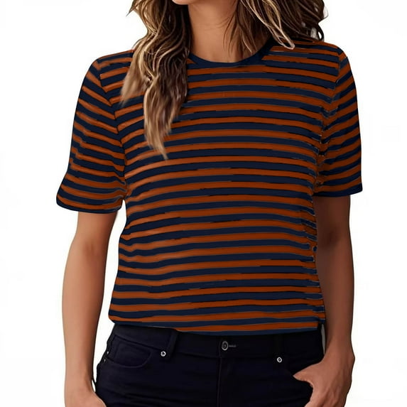 Womens Striped Shirts Summer Fashion Short Sleeves Crewneck Stretch Comfy T-Shirts Sport Casual Going out Tops Wine XX-Large