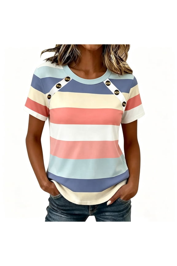 Womens Striped Short Sleeve Reglan Shirts Color Block Crewneck Spliced Blouse with Buttons Trendy Going Out Summer Outfits 2026