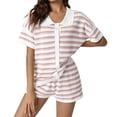 thumbnail image 1 of Women Short Sleeve Striped 2 Piece Pajama Sets Crochet Knit Button Top & Shorts Lounge Sets, 1 of 6