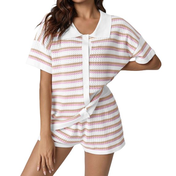 Women Short Sleeve Striped 2 Piece Pajama Sets Crochet Knit Button Top & Shorts Lounge Sets