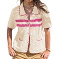 thumbnail image 1 of Womens Striped Short Sleeve Sweater Casual Knitted Button Down Crochet Cardigan Vintage Y2k Hollow-Out Tops, 1 of 6