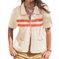 thumbnail image 1 of Womens Striped Short Sleeve Sweater Casual Knitted Button Down Crochet Cardigan Vintage Y2k Hollow-Out Tops, 1 of 4
