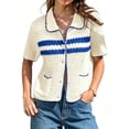 thumbnail image 1 of Womens Striped Short Sleeve Sweater Casual Knitted Button Down Crochet Cardigan Vintage Y2k Hollow-Out Tops, 1 of 6