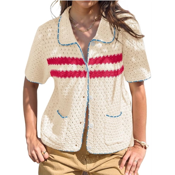 Womens Striped Short Sleeve Sweater Casual Knitted Button Down Crochet Cardigan Vintage Y2k Hollow-Out Tops