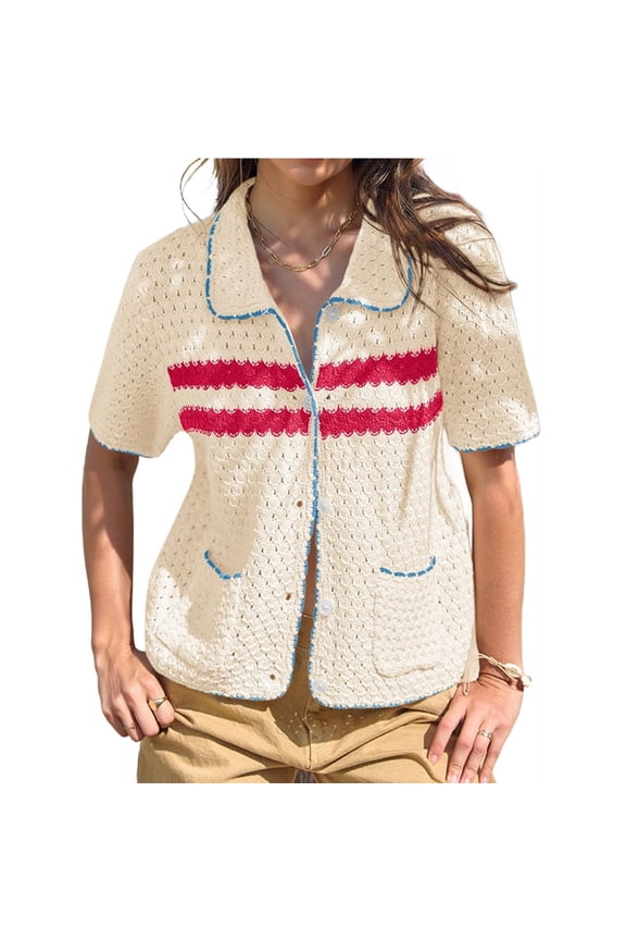 Womens Striped Short Sleeve Sweater Casual Knitted Button Down Crochet Cardigan Vintage Y2k Hollow-Out Tops