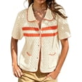 thumbnail image 1 of Womens Striped Short Sleeve Sweater Casual Knitted Button Down Crochet Cardigan Vintage Y2k Hollow-Out Tops, 1 of 4