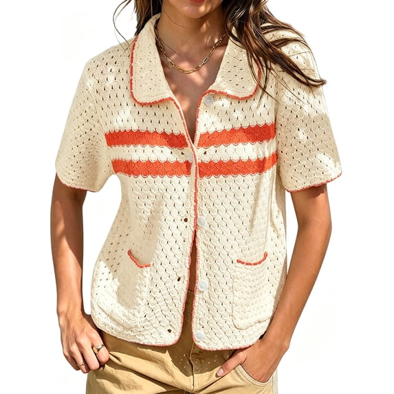 Womens Striped Short Sleeve Sweater Casual Knitted Button Down Crochet Cardigan Vintage Y2k Hollow-Out Tops
