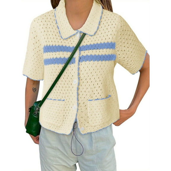 Womens Striped Short Sleeve Sweater Casual Knitted Button Down Crochet Cardigan Vintage Y2k Hollow-Out Tops