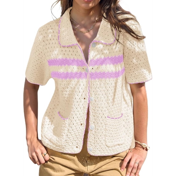 Womens Striped Short Sleeve Sweater Casual Knitted Button Down Crochet Cardigan Vintage Y2k Hollow-Out Tops