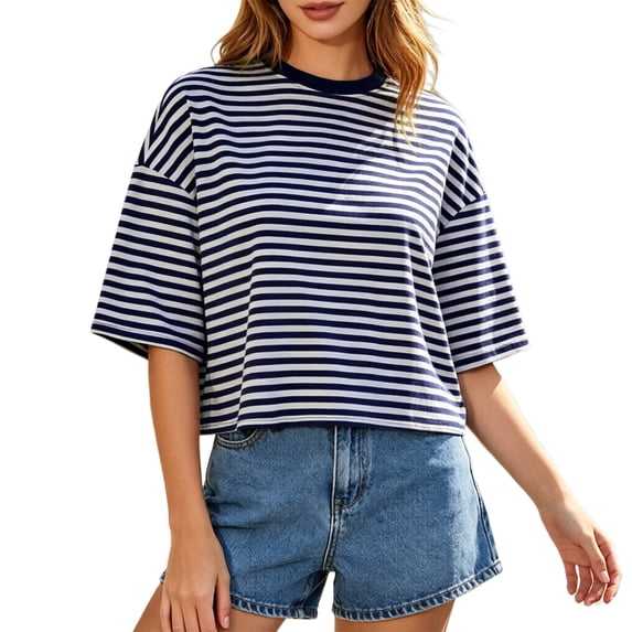 Womens Striped Short Sleeve T Shirt Loose Fit Crew Neck Casual Summer Basic Tee Tops Everyday Wear Tee Black L