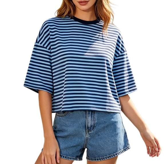 Womens Striped Short Sleeve T Shirt Loose Fit Crew Neck Casual Summer Basic Tee Tops Everyday Wear Tee Blue M