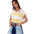 thumbnail image 1 of Womens Striped Short Sleeve V Neck Button Down Color Block Loose Pullover Tops Light Yellow M, 1 of 7