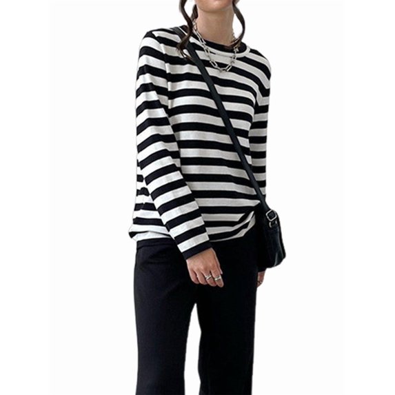 Womens Striped Soft Knit Pullover Sweater Loose Fit Shirts Black S
