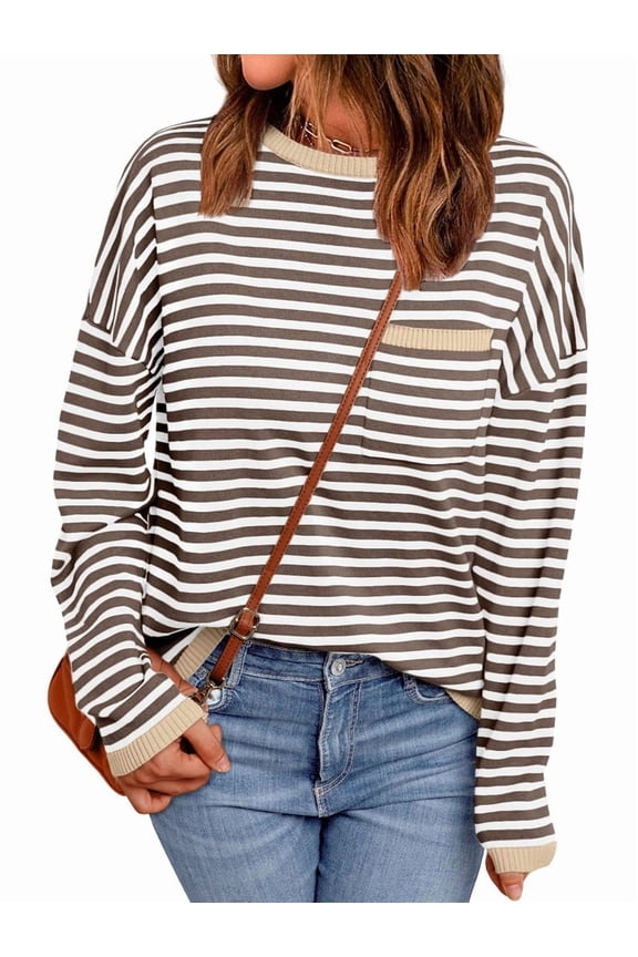 Womens Striped Soft Knit Pullover Sweater Loose Fit Shirts with Chest Pocket Milk Cafe M