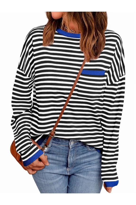 Womens Striped Soft Knit Pullover Sweater Loose Fit Shirts with Chest Pocket Moonlight Blue L