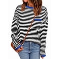 thumbnail image 1 of Womens Striped Soft Knit Pullover Sweater Loose Fit Shirts with Chest Pocket Moonlight Blue S, 1 of 3