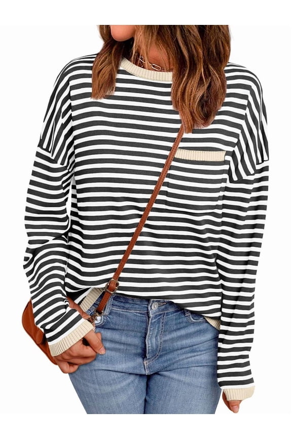 Womens Striped Soft Knit Pullover Sweater Loose Fit Shirts with Chest Pocket Red XL