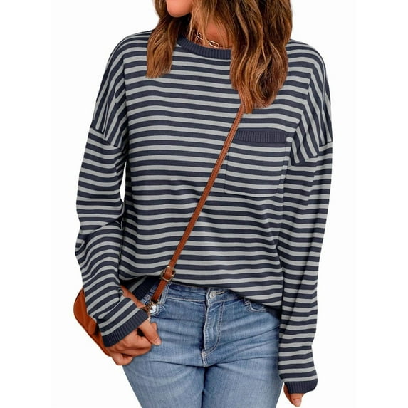 Womens Striped Soft Knit Pullover Sweater Loose Fit Shirts with Chest Pocket S