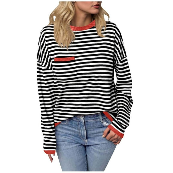 Womens Striped Soft Pullover Sweatshirts Crewneck Long Sleeve Loose Fit Shirts with Chest Pocket 2025 Fall Clothing