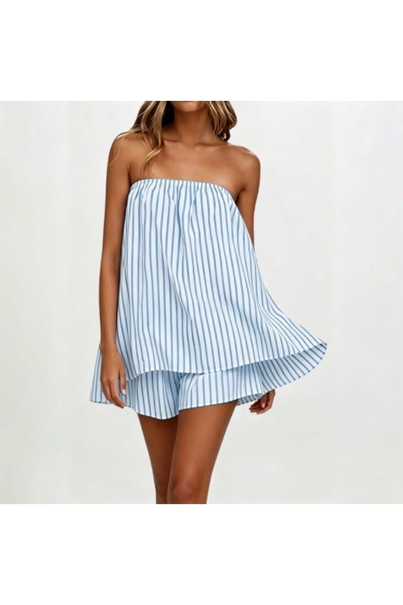 Womens Striped Strapless 2 Piece Set, Bandeau Top Shorts Loungewear Casual Summer Flowy Outfit Light Blue M