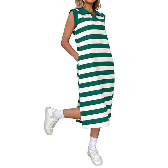 Womens Striped Summer A Line Dress Casual Cap Sleeve Lapel Neck T Shirt Dresses with Pockets Green XL
