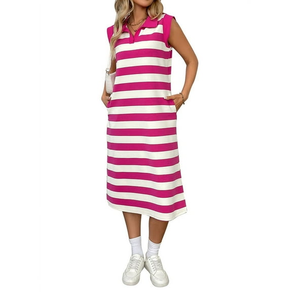 Womens Striped Summer A Line Dress Casual Cap Sleeve Lapel Neck T Shirt Dresses with Pockets Rose Red L