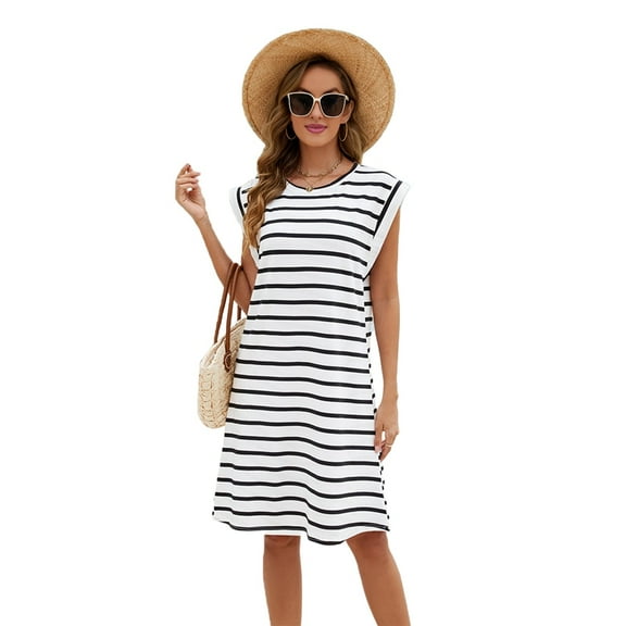 Womens Striped Summer Dresses 2025 Crewneck Cap Sleeve Color Block Casual A Line Tshirt Dress White One size