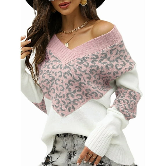 Womens Striped Sweater Casual Leopard Long Sleeve V Neck Chunky Knit Drop Shoulder Pullover Jumper Tops Pink S
