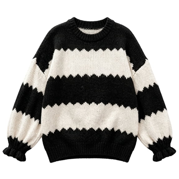 Womens Striped Sweater Chunky Knit Pullover Loose Fit Casual Lightweight Long Ruffle Sleeves Fall Outfits for Women Fashion Clothing Cozy Soft Comfort Color Block Winter Sweater