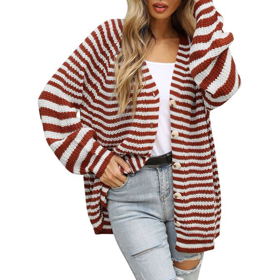 Womens Striped Sweater Coat Casual Long Sleeve Open Front Button Down Loose Knit Cardigan Fall Brown XL