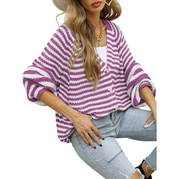 Womens Striped Sweater Coat Casual Long Sleeve Open Front Button Down Loose Knit Cardigan Fall Purple L