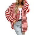 thumbnail image 1 of Womens Striped Sweater Coat Casual Long Sleeve Open Front Button Down Loose Knit Cardigan Fall Red S, 1 of 8