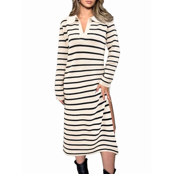 Womens Striped Sweater Dress Fall Chunky Knit V Neck Collared Long Sleeve Slit Loose Midi Dresses Beige XXL
