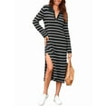 thumbnail image 1 of Womens Striped Sweater Dress Fall Chunky Knit V Neck Collared Long Sleeve Slit Loose Midi Dresses Black XL, 1 of 8