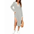 thumbnail image 1 of Womens Striped Sweater Dress Fall Chunky Knit V Neck Collared Long Sleeve Slit Loose Midi Dresses White S, 1 of 6