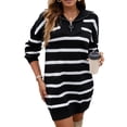 thumbnail image 1 of Womens Striped Sweater Dress Half Zip Shawl Collar Ribbed Knit Long Sleeve Loose Sweaters Pullover Mini Dress, 1 of 7