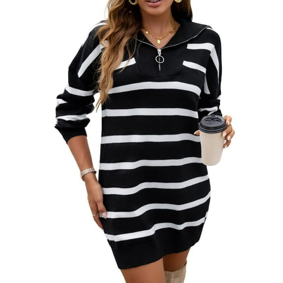 Womens Striped Sweater Dress Half Zip Shawl Collar Ribbed Knit Long Sleeve Loose Sweaters Pullover Mini Dress