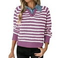 thumbnail image 1 of Womens Striped Sweater Knit Lapel Collar Long Sleeve Layered Pull over Sweaters Comfy Denim Winter Top (L, Purple), 1 of 8