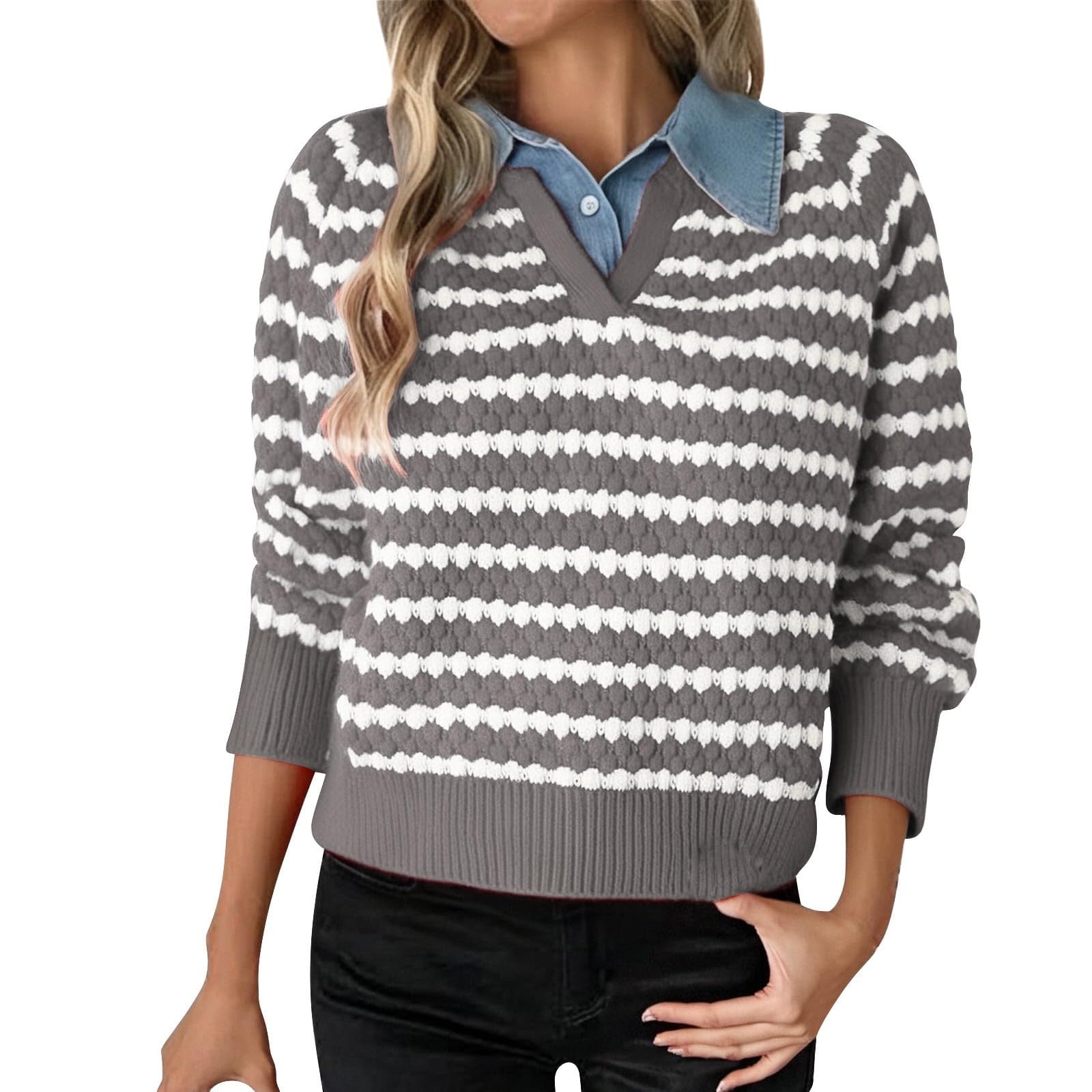 Womens Striped Sweater Knit Lapel Collar Long Sleeve Layered Pull