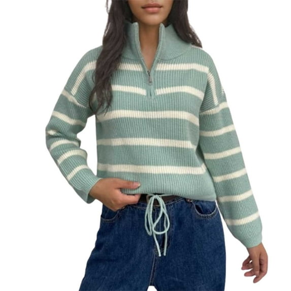 Womens Striped Sweater Long Sleeve Half Zip Pullover Sweatshirt Oversized Mock Neck Loose Top Winter Fashion Clothing (Green Free Size)