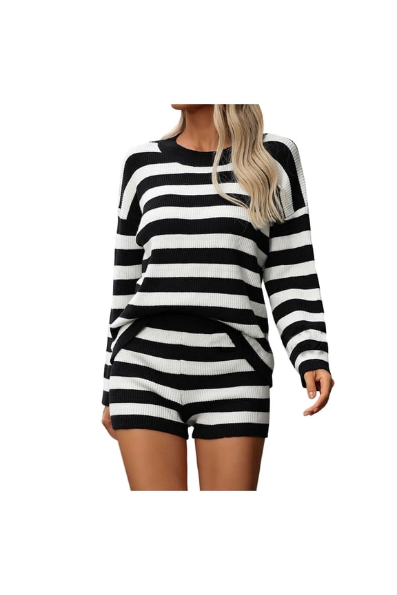 Womens Striped Sweater Set Oversized Sets Matching Pajamas Long Sleeve Sweater Top And Shorts