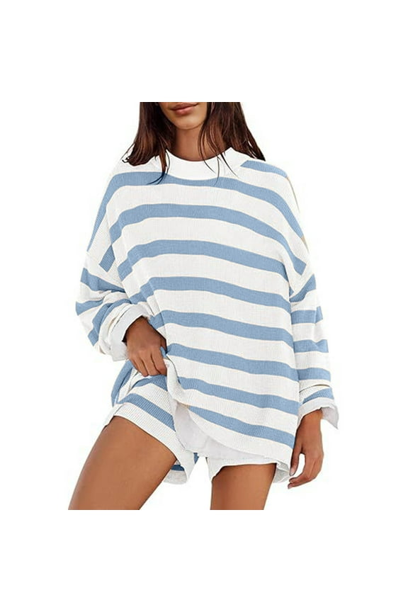 Womens Striped Sweater Set Oversized Sets Matching Pajamas Long Sleeve Sweater Top And Shorts